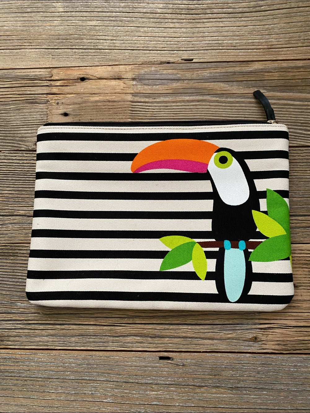 Striped Toucan Print Zip Pouch - Black & White with Colorful Accent